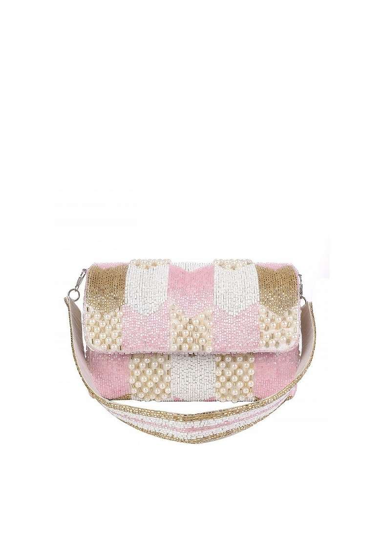 Women Pink White Embroidered Foldover Clutch - Indya
