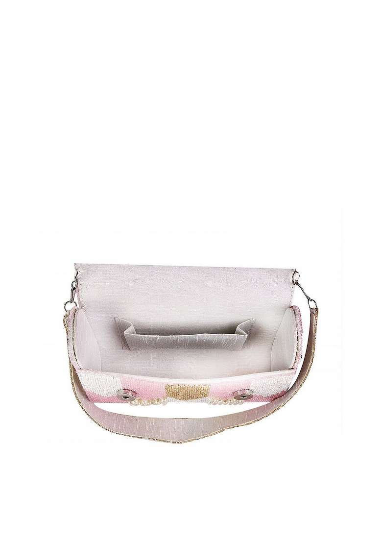Women Pink White Embroidered Foldover Clutch - Indya