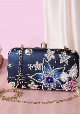 Navy Blue Pink Embellished Box Clutch