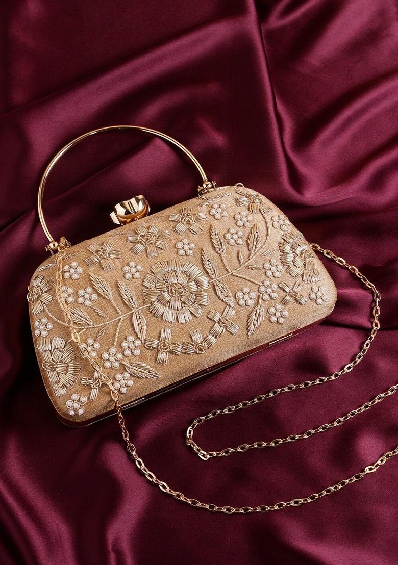 Gold Toned Off White Embellished Embellished Purse Clutch
