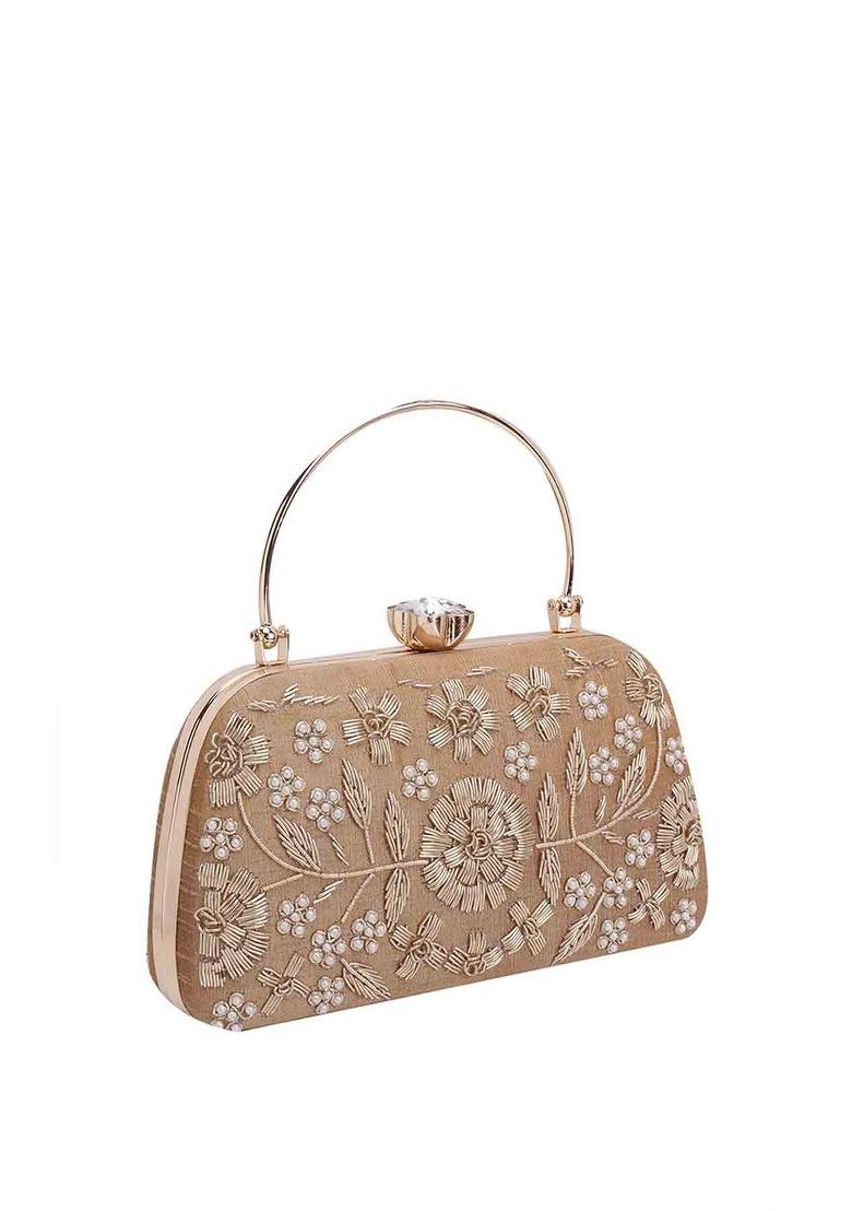 Gold Toned Off White Embellished Embellished Purse Clutch