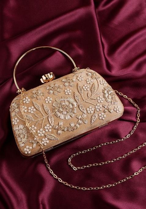 Gold Toned Off White Embellished Embellished Purse Clutch