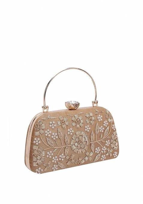 Gold Toned Off White Embellished Embellished Purse Clutch