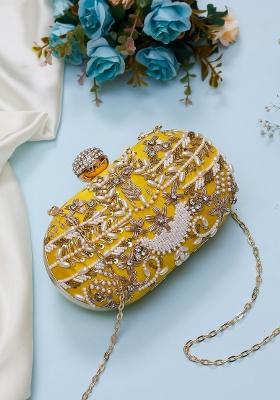 Yellow White Embellished Box Clutch