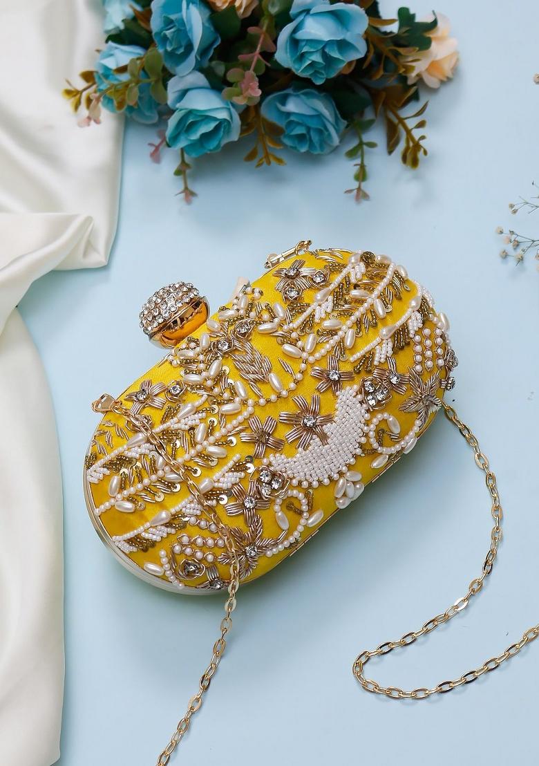 Yellow White Embellished Box Clutch