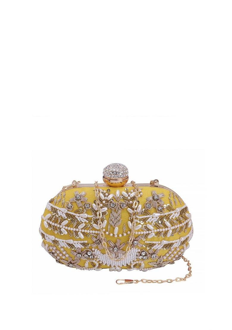 Yellow White Embellished Box Clutch