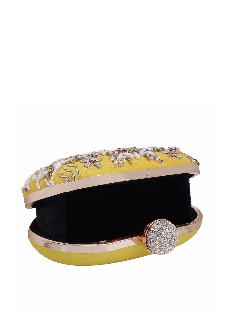Yellow White Embellished Box Clutch