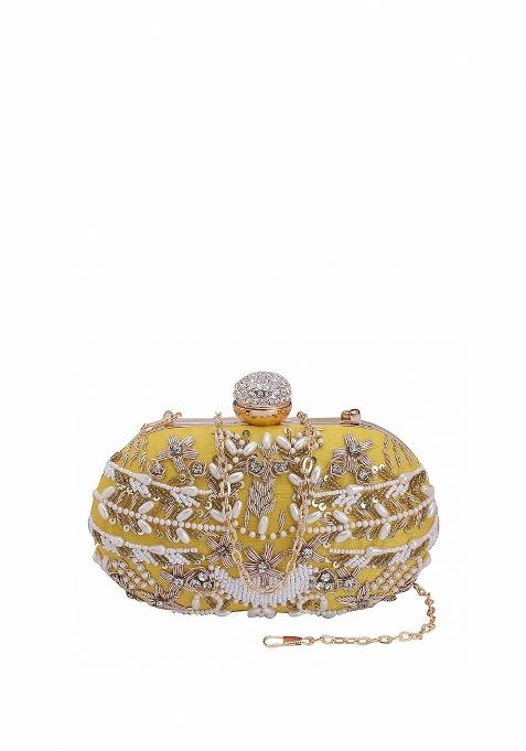 Yellow White Embellished Box Clutch