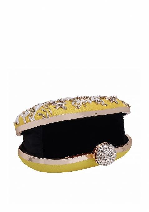 Yellow White Embellished Box Clutch