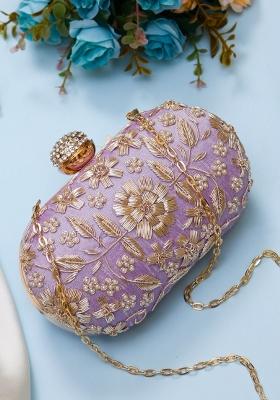 Pink Gold Toned Embroidered Box Clutch