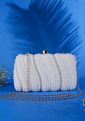White Silver Toned Embellished Box Clutch With Shoulder Strap