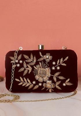 Maroon Gold Toned Embellished Box Clutch
