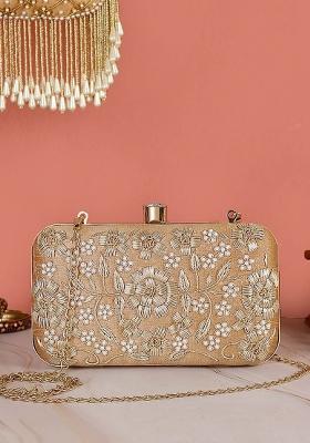 Gold Toned Embroidered Box Clutch