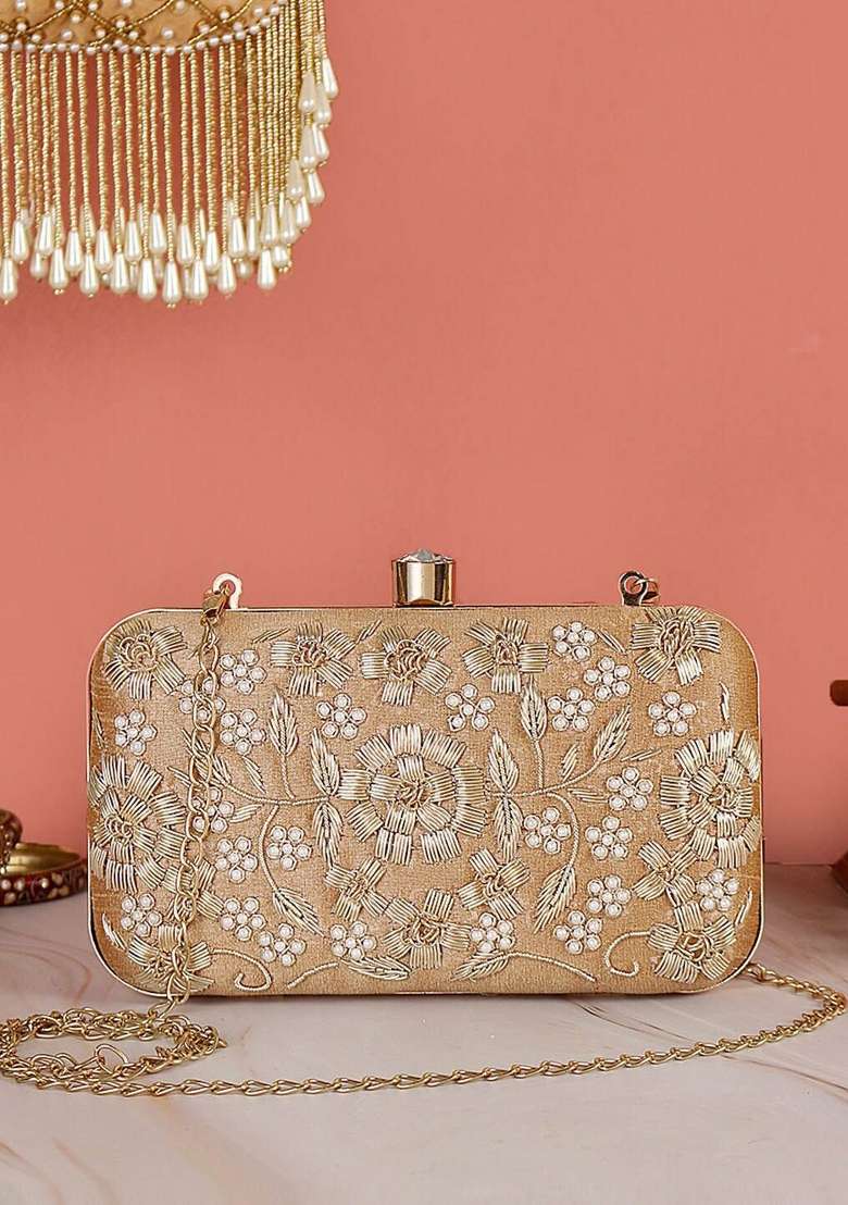 Gold Toned Embroidered Box Clutch - Indya