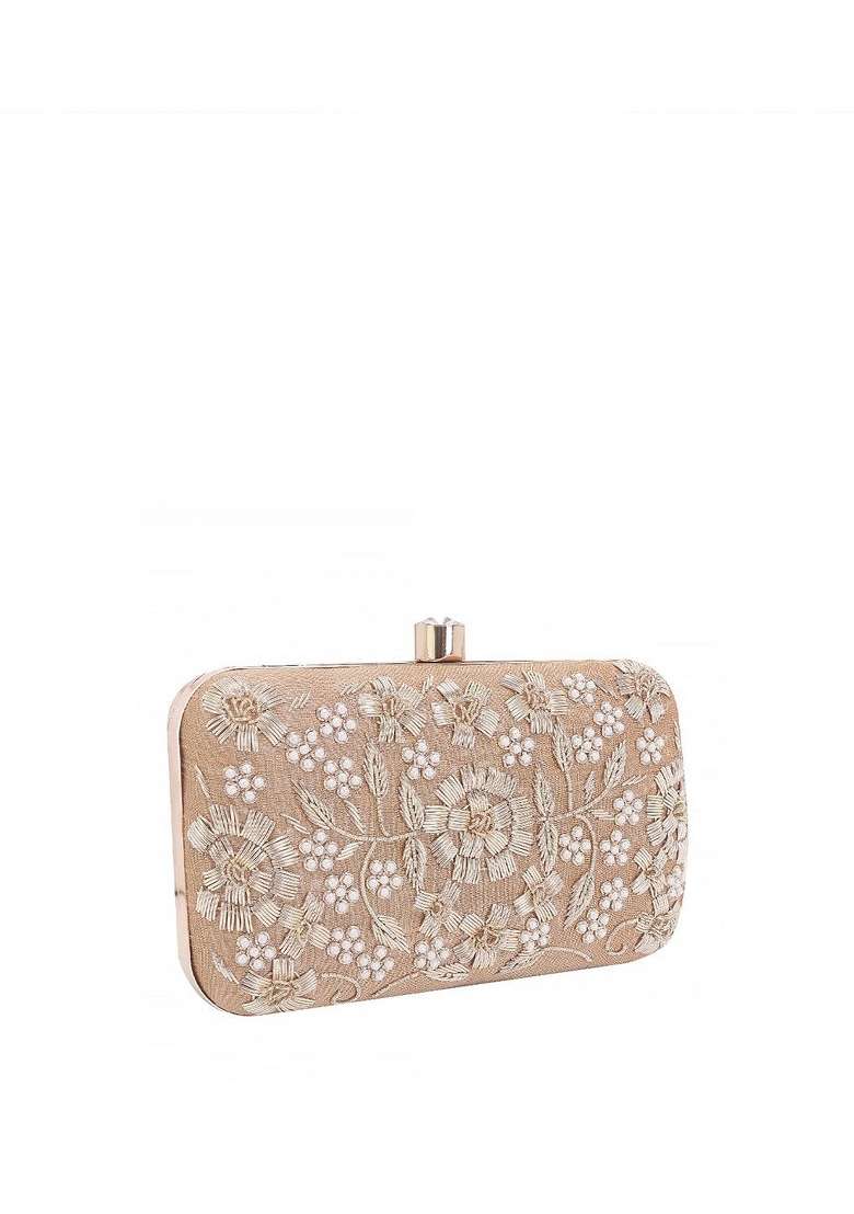 Gold Toned Embroidered Box Clutch - Indya