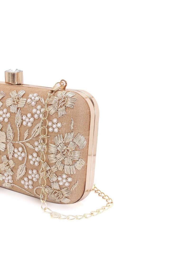 Gold Toned Embroidered Box Clutch - Indya