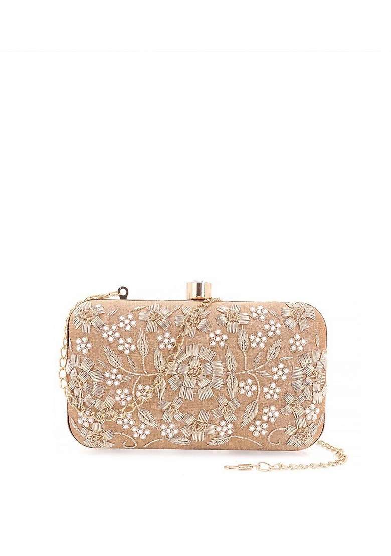 Gold Toned Embroidered Box Clutch - Indya