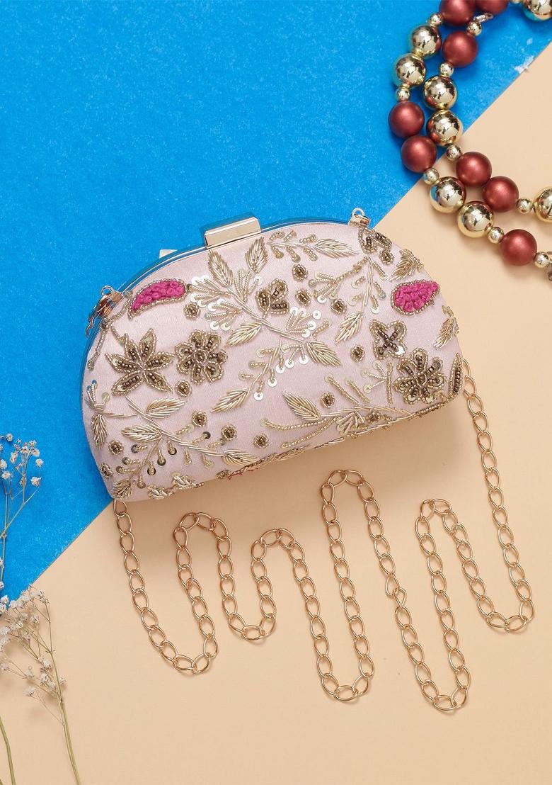 Floral Embroidered Half Moon Clutch
