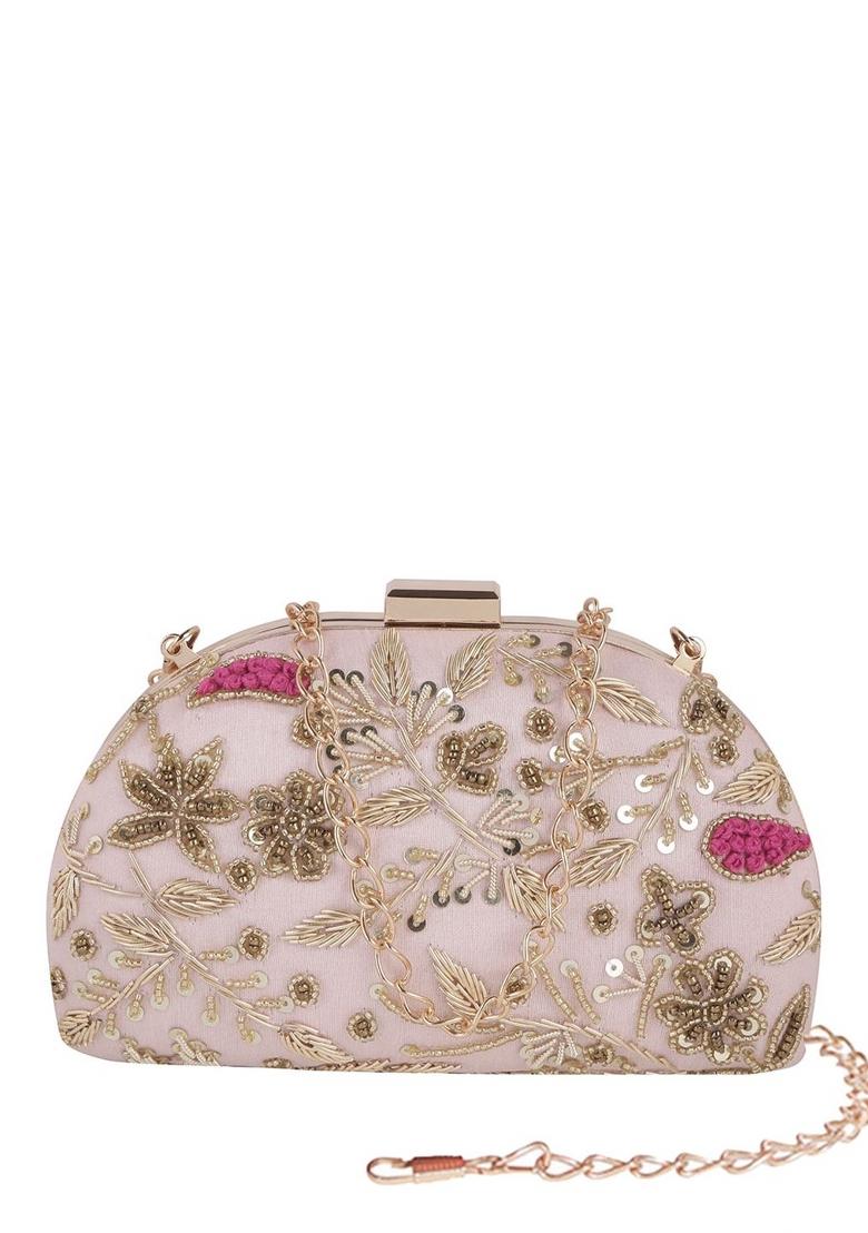 Floral Embroidered Half Moon Clutch