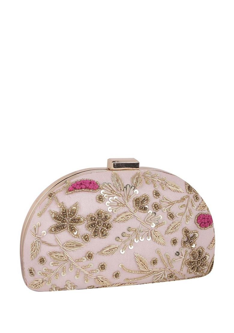 Floral Embroidered Half Moon Clutch
