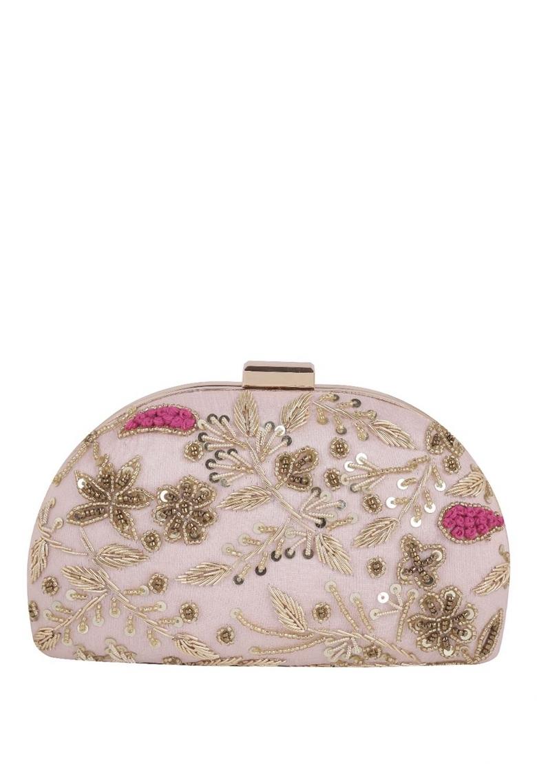 Floral Embroidered Half Moon Clutch