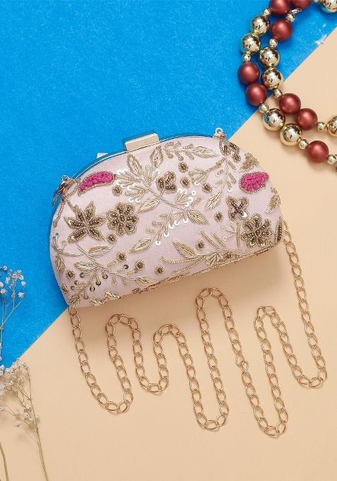 Floral Embroidered Half Moon Clutch