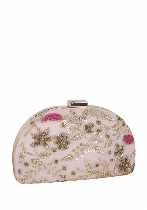 Floral Embroidered Half Moon Clutch