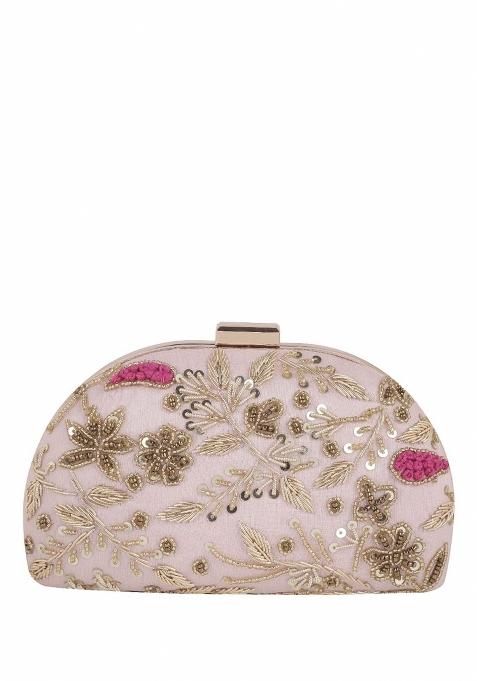 Floral Embroidered Half Moon Clutch