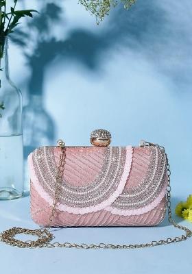 Peach Coloured White Embellished Box Clutch