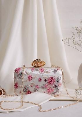 Cream Coloured Pink Embroidered Box Clutch