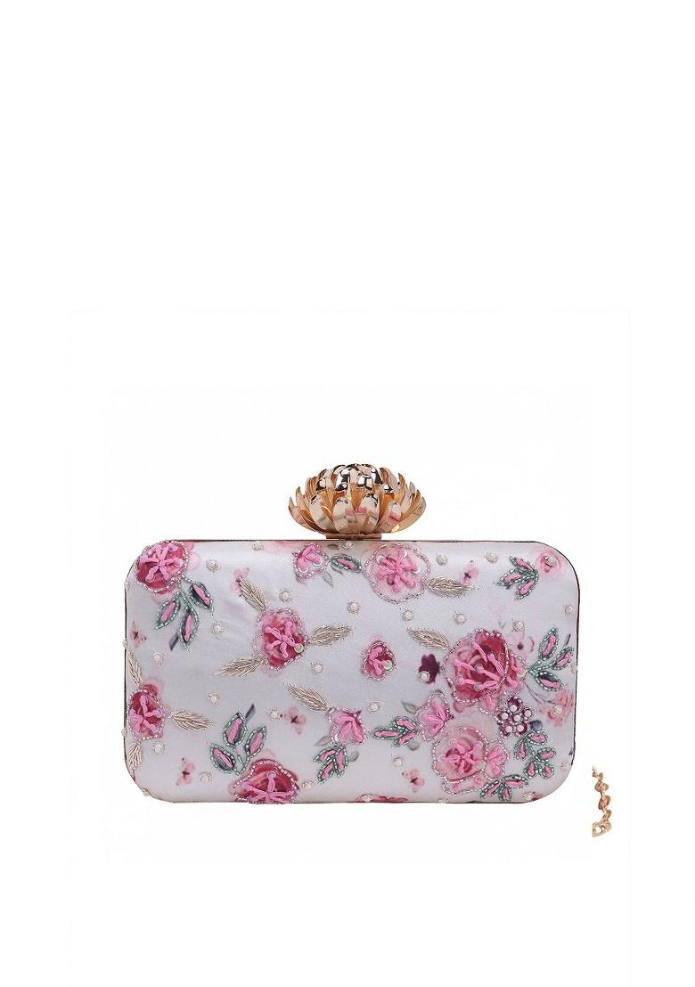 Cream Coloured Pink Embroidered Box Clutch - Indya