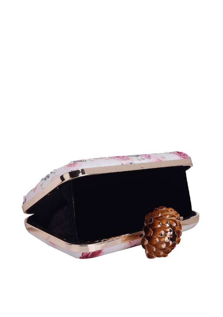 Cream Coloured Pink Embroidered Box Clutch - Indya