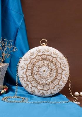 White Gold Toned Embroidered Box Clutch