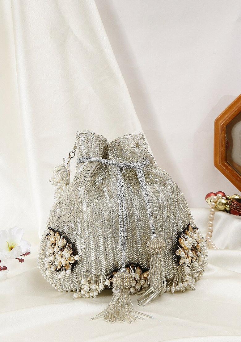 Silver Toned And Gold Toned Embroidered And Embellished Potli