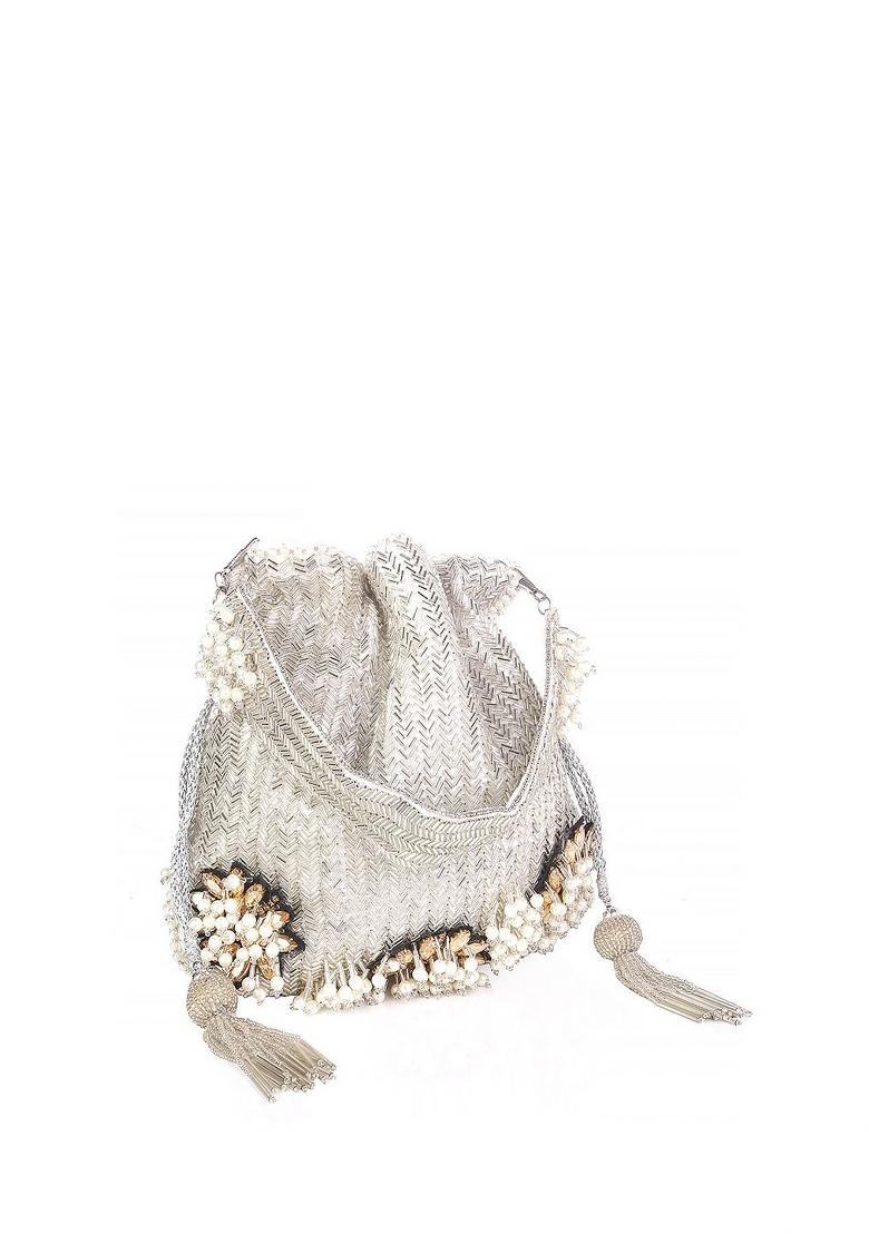 Silver Toned And Gold Toned Embroidered And Embellished Potli