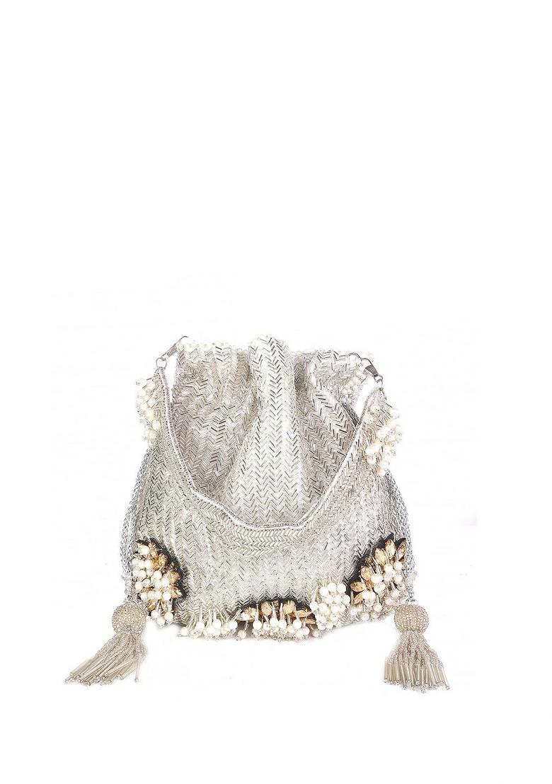 Silver Toned And Gold Toned Embroidered And Embellished Potli