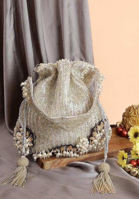 Silver Toned And Gold Toned Embroidered And Embellished Potli