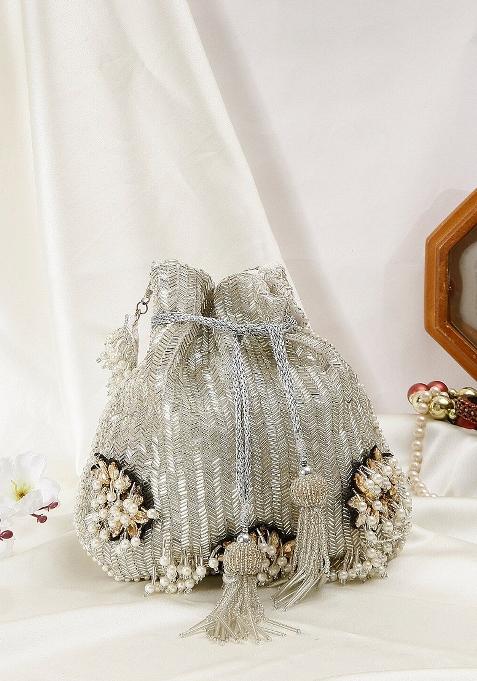 Silver Toned And Gold Toned Embroidered And Embellished Potli