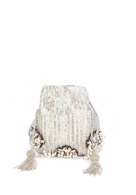 Silver Toned And Gold Toned Embroidered And Embellished Potli