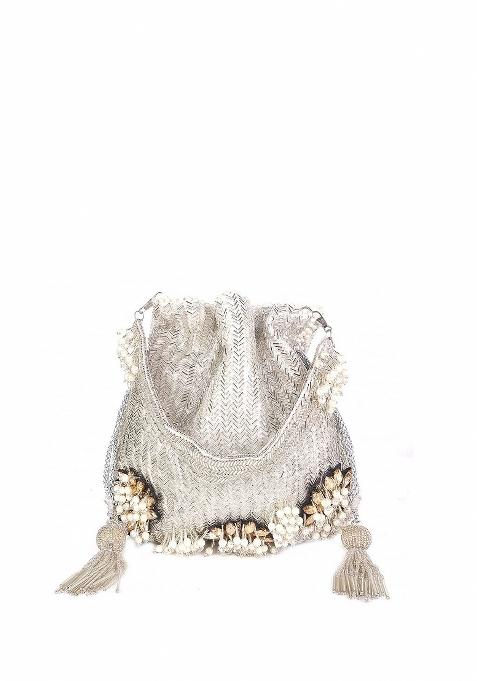 Silver Toned And Gold Toned Embroidered And Embellished Potli