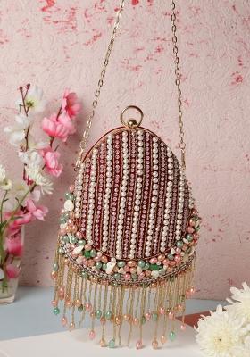 Red Gold Toned Embroidered Purse Clutch