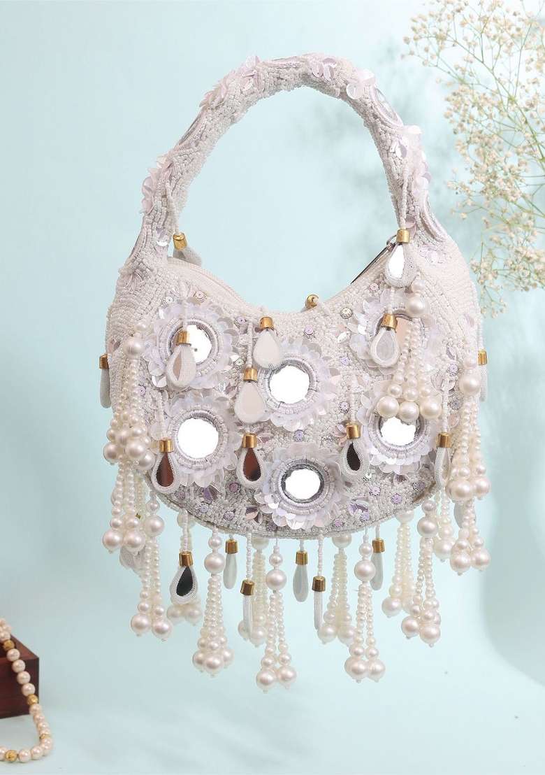 Embroidered Mirror Work Moon Shaped Clutch - Indya