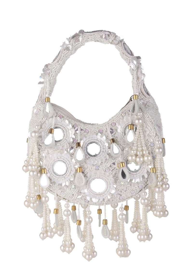 Embroidered Mirror Work Moon Shaped Clutch - Indya