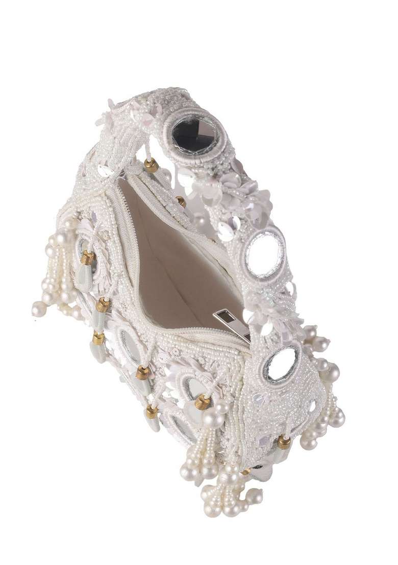 Embroidered Mirror Work Moon Shaped Clutch - Indya
