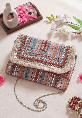 Women Orange White Embellished Fabric Purse Clutch