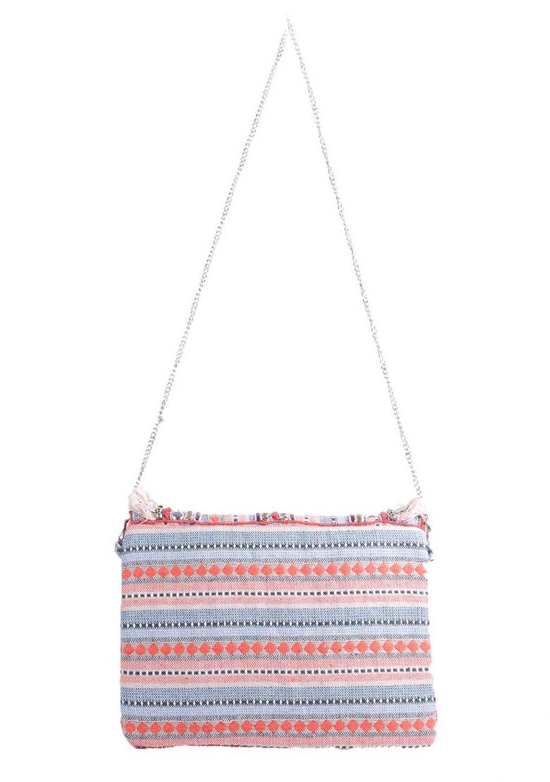 Women Orange White Embellished Fabric Purse Clutch