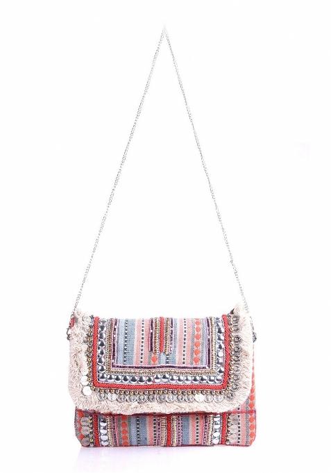 Women Orange White Embellished Fabric Purse Clutch