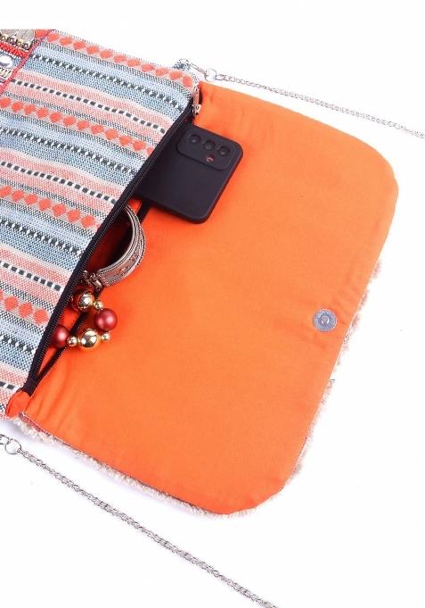 Women Orange White Embellished Fabric Purse Clutch