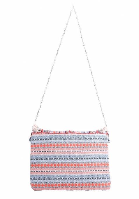 Women Orange White Embellished Fabric Purse Clutch