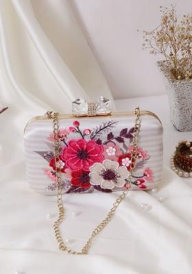 White Gold Toned Embroidered Box Clutch